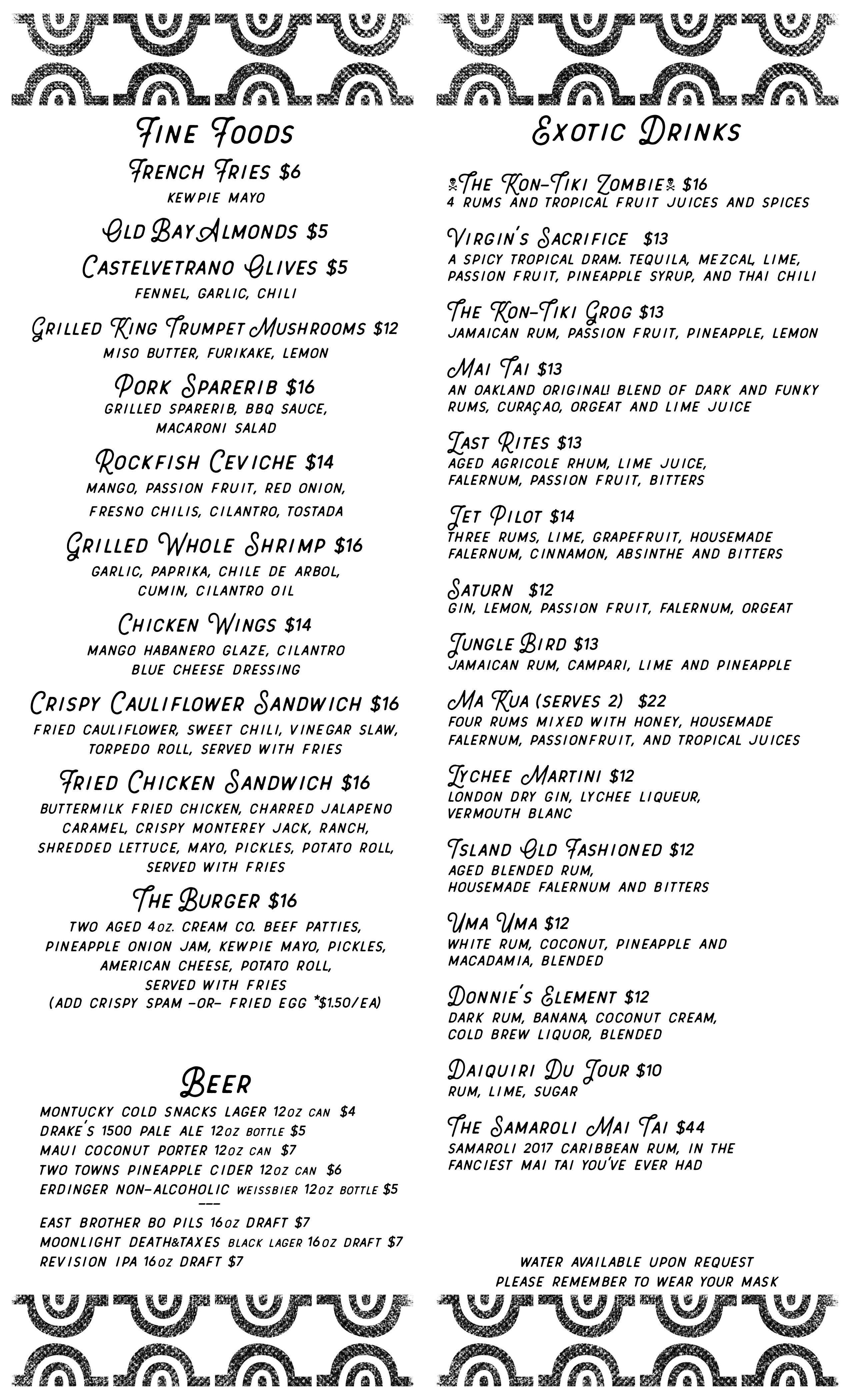 menu of food and drinks
